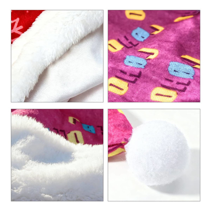 Close-up images of a red Santa hat featuring white fur trim, a fluffy pom-pom, and a vibrant pink inner lining.