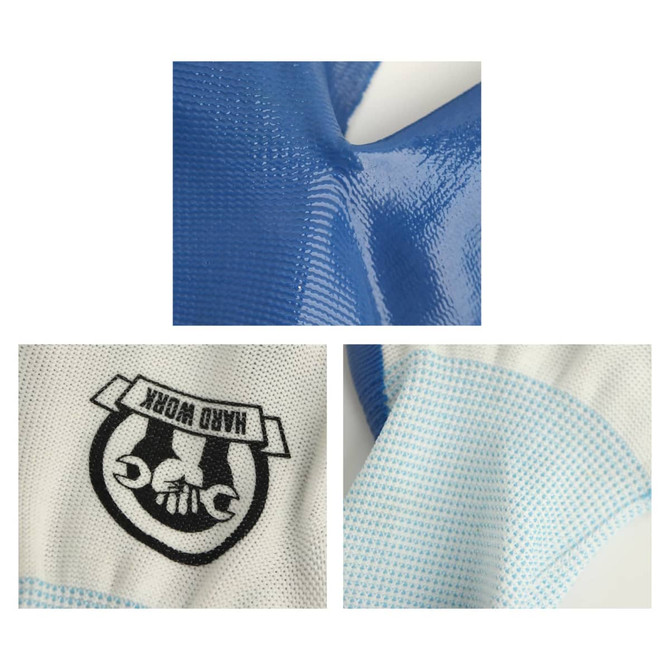 Gardening gloves in blue and white, featuring a textured design and a branding logo.