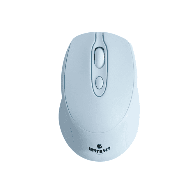 A light blue wireless mouse featuring a scroll wheel, a button, and a logo at the base.