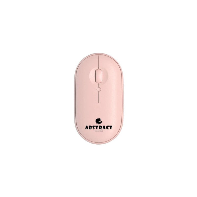 A slim pink wireless travel mouse with a central scroll wheel and a branding logo.