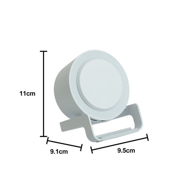 A wireless charger and night light in a grey design, featuring rounded edges and a minimalistic stand.