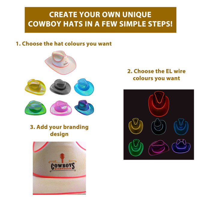 A selection of colourful cowboy hats in various shades, featuring a logo and options for customising EL wire colours.