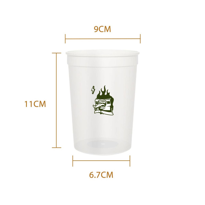 A translucent plastic stadium cup in clear with dimensions displayed, featuring a logo.