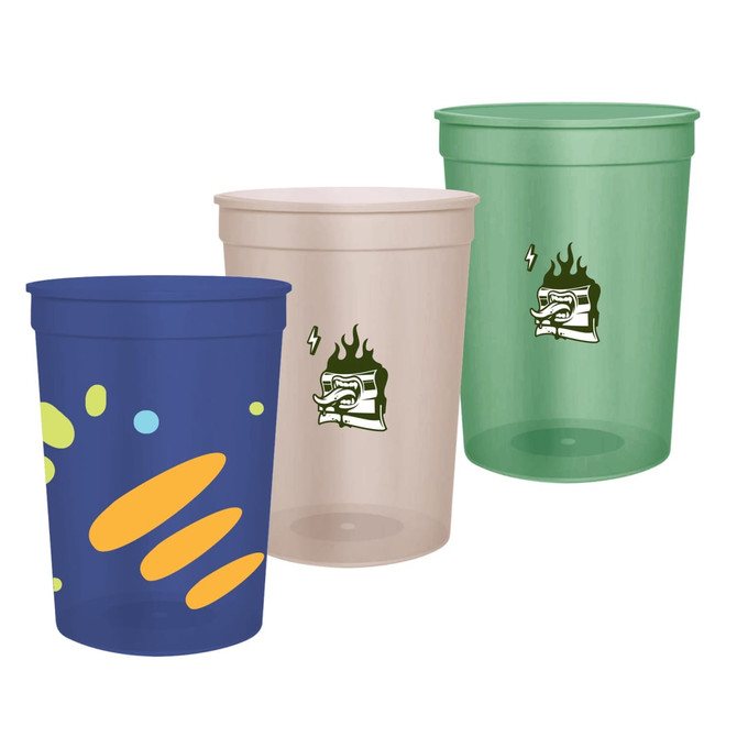 A drinkware display featuring three translucent plastic stadium cups in blue, beige, and green, each with a logo.