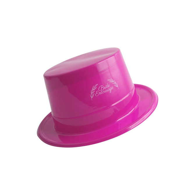 A pink PVC top hat with a shiny finish and a logo on the front.