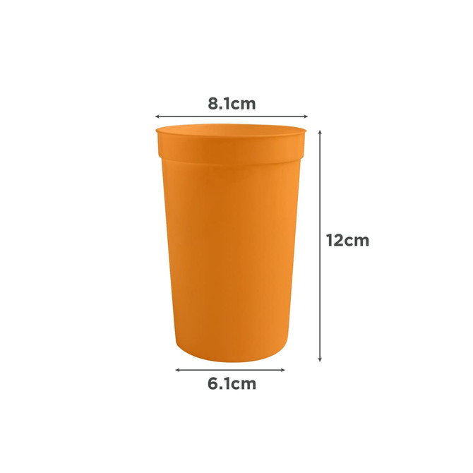 An orange 355ml plastic stadium cup with a cylindrical shape and a logo. Dimensions: 12cm height, 8.1cm diameter.