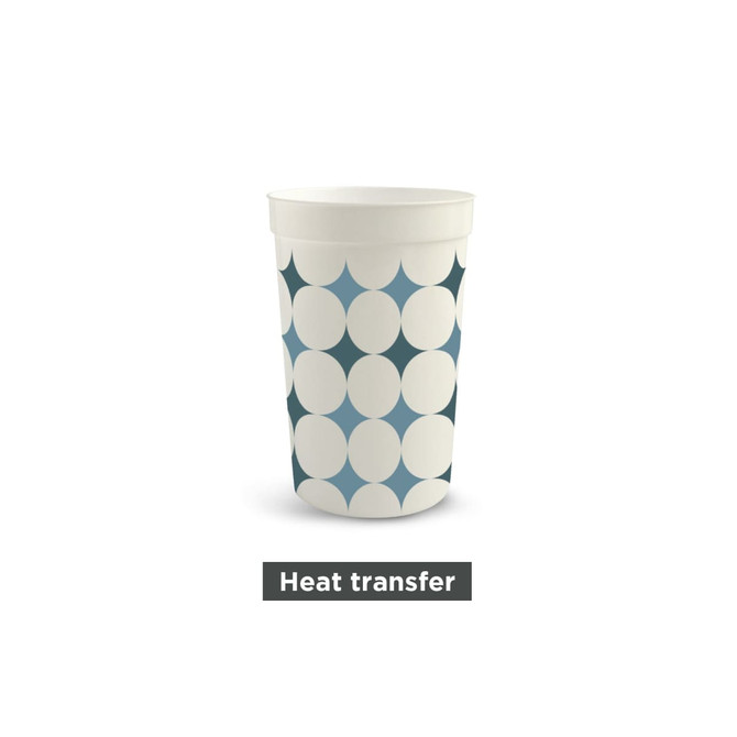 A plastic stadium cup featuring a blue and white circular pattern, with a logo displayed on the front.