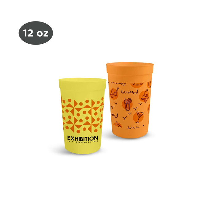 Two 355ml plastic stadium cups in yellow and orange, featuring various graphic designs and logos.