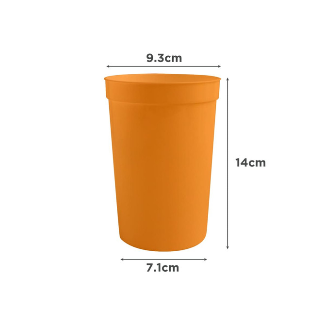 An orange 650ml plastic stadium cup, featuring a logo, with dimensions of 14cm height and 9.3cm diameter.