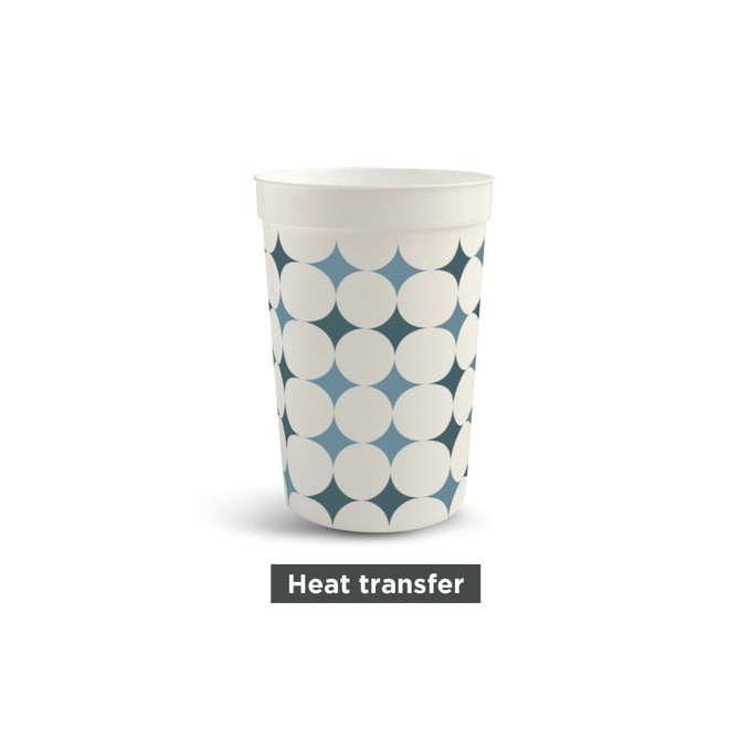 A plastic stadium cup featuring a blue and white circular pattern and an upper rim design. It has a logo.
