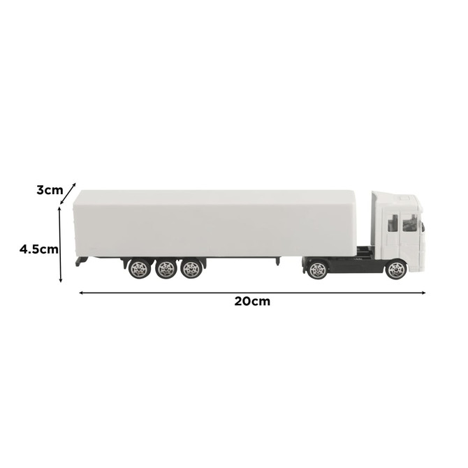 A toy truck in black and white, measuring 20 cm long, 4.5 cm high, and 3 cm wide, with a logo on the side.