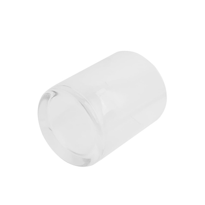 A clear glass whiskey tumbler with a smooth surface and rounded base. It features a simple design and has a logo.