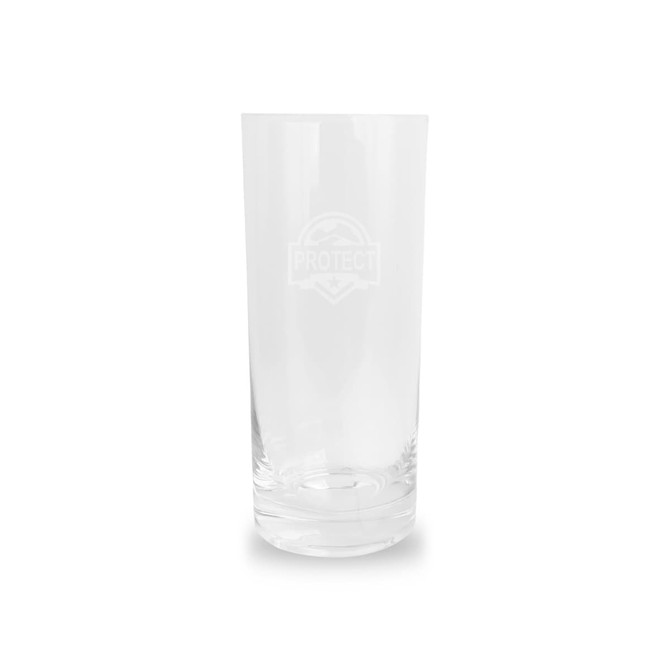 A clear glass beer glass with a circular base and a smooth finish. It features a logo etched on the side.