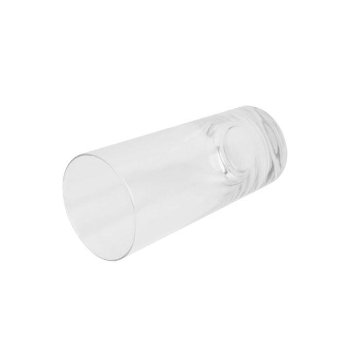 A clear, cylindrical beer glass with a rounded base and smooth finish, featuring a subtle logo.