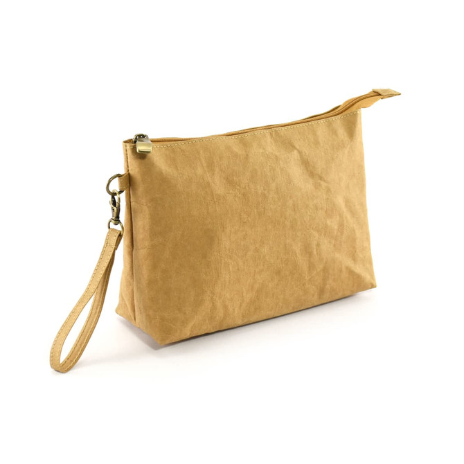 A beige Kraft paper cosmetic bag with a zip closure and a wrist strap, featuring a simple design.