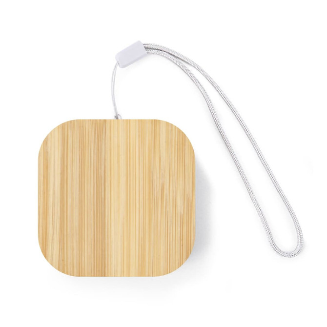 A square charging cable set with a bamboo exterior and a silver strap for easy carrying.