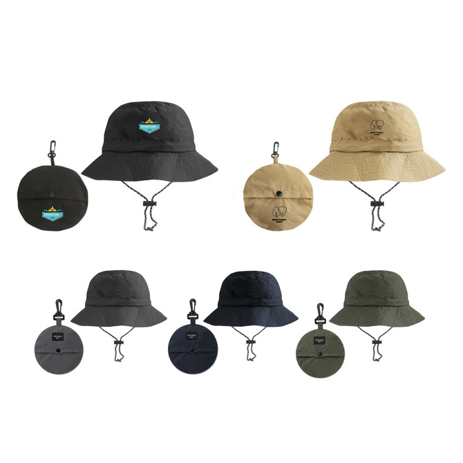 A collection of foldable bucket hats in black, khaki, navy, grey, and olive green with circular compact storage.