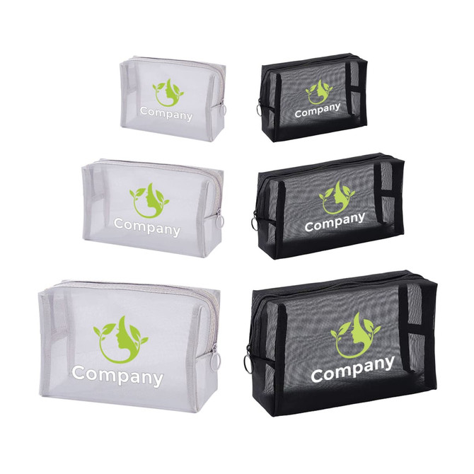A set of nylon mesh cosmetic bags in clear and black, featuring a logo on each bag.