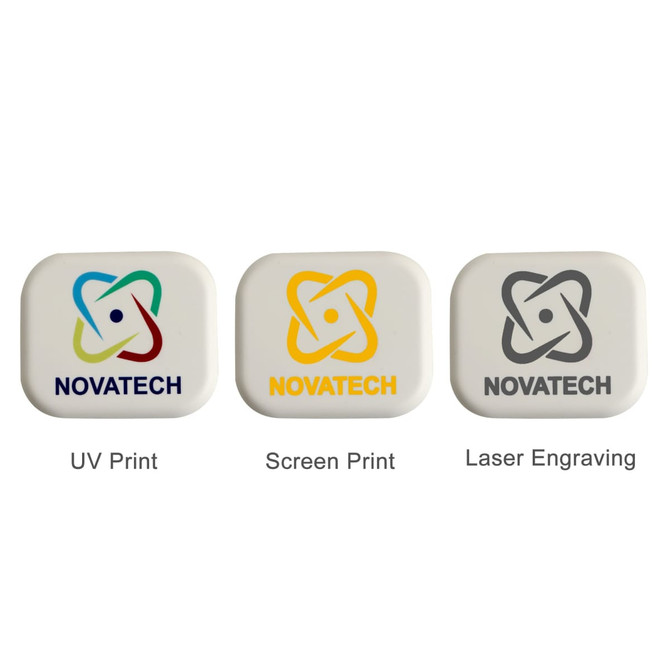 Three rectangular power bank prototypes in white, showcasing different branding techniques: UV print, screen print, and laser engraving.