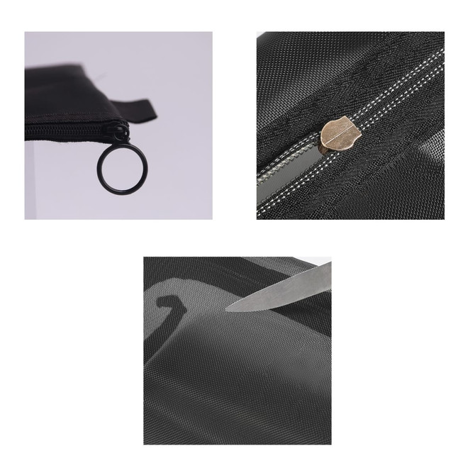 A black nylon mesh flat cosmetic bag featuring a zip closure and a metal ring detail.