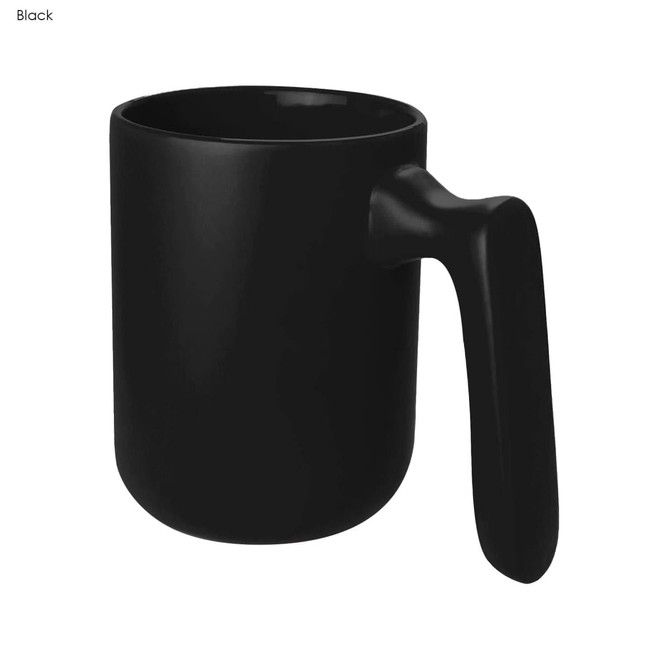 A black coffee mug with a unique handle design and a smooth finish. It features a logo.