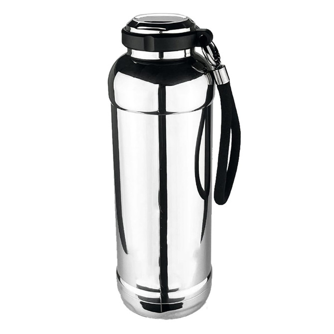 A drink bottle in shiny stainless steel with a black lid and strap, featuring a logo.