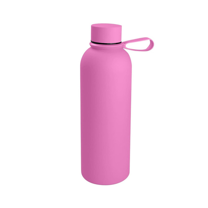 A drink bottle in bright pink with a lid and carrying loop, featuring a logo or branding on its surface.