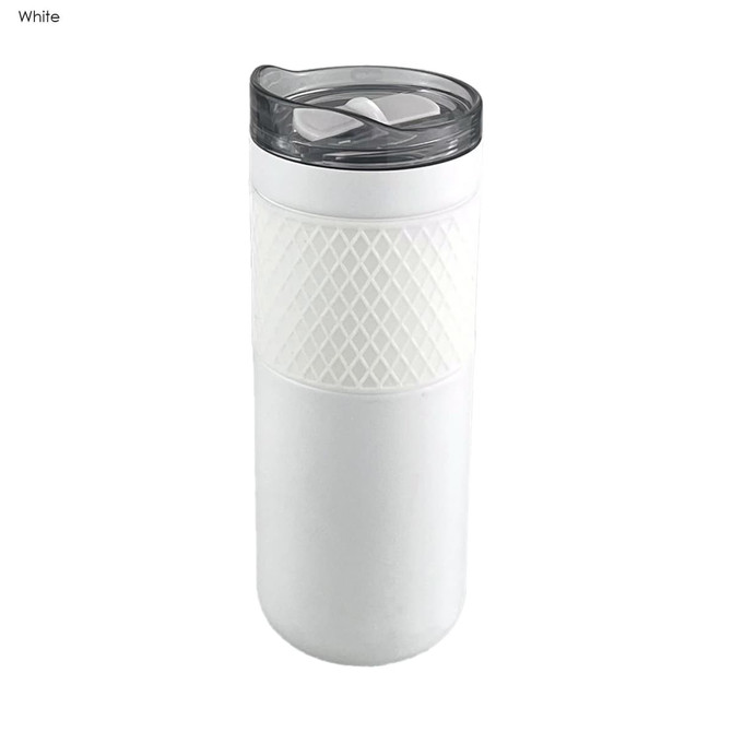 A drink bottle in white featuring a textured grip and a transparent lid. It includes a logo on the side.