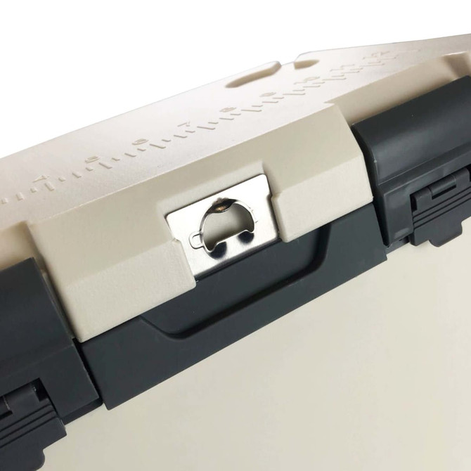 A light cream-coloured cooler box with a black latch and branding on the lid.