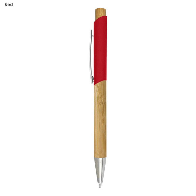 A bamboo pen featuring a red grip and silver accents, complete with a clip. It has a logo on the surface.