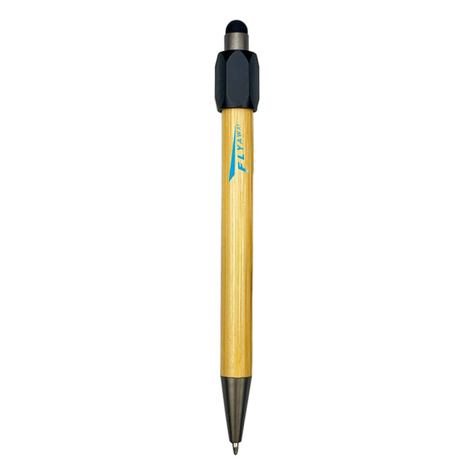 A bamboo stylus pen with a black tip and accents, featuring a logos and a sleek design for writing.
