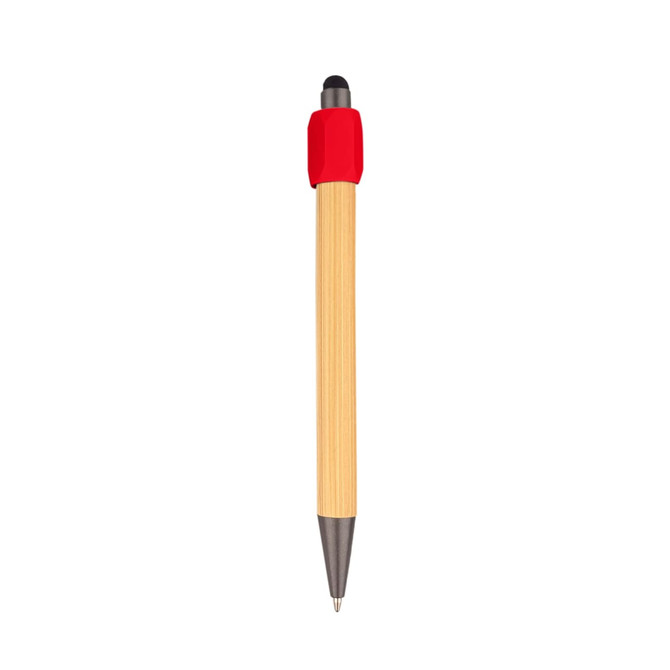 A bamboo stylus pen with a red top and a silver tip, featuring a logo.