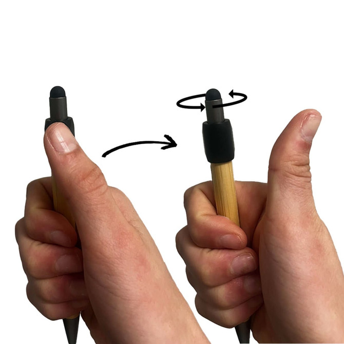 A bamboo stylus pen with a spinning fidget feature, held between two hands. The pen has a black tip and grip.
