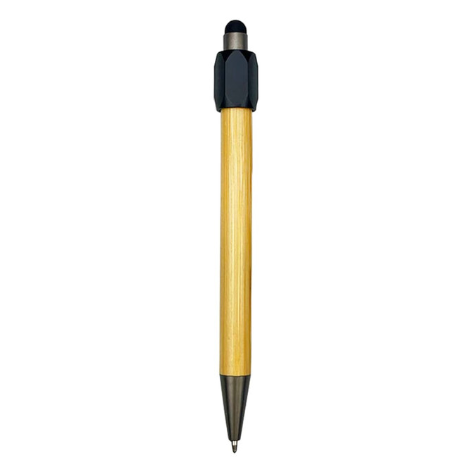 A bamboo stylus pen with a black top and a sleek design, featuring a logo on its side.