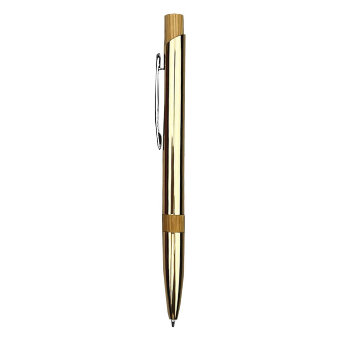 A sleek gold metal pen with a bamboo grip and clip, featuring a branding logo.