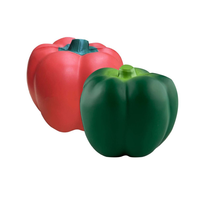 A red and green stress ball shaped like bell peppers, featuring a smooth finish and a simple design.