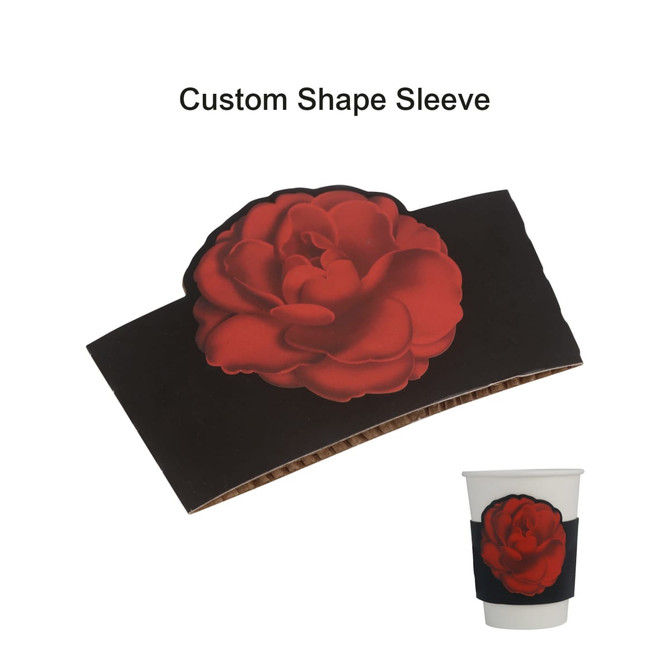 A white paper cup with a red rose design on a black sleeve, featuring a decorative, custom-shaped sleeve.