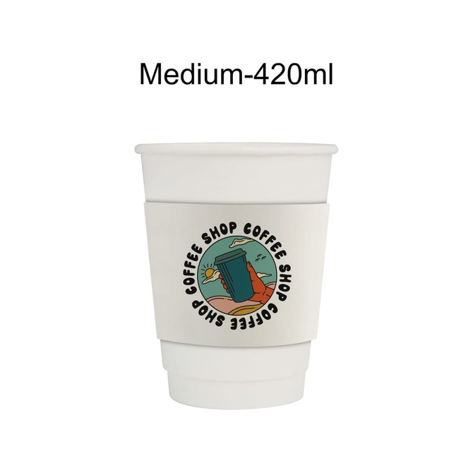 A double wall paper cup in white with a cup sleeve featuring a logo design, holding 420ml.
