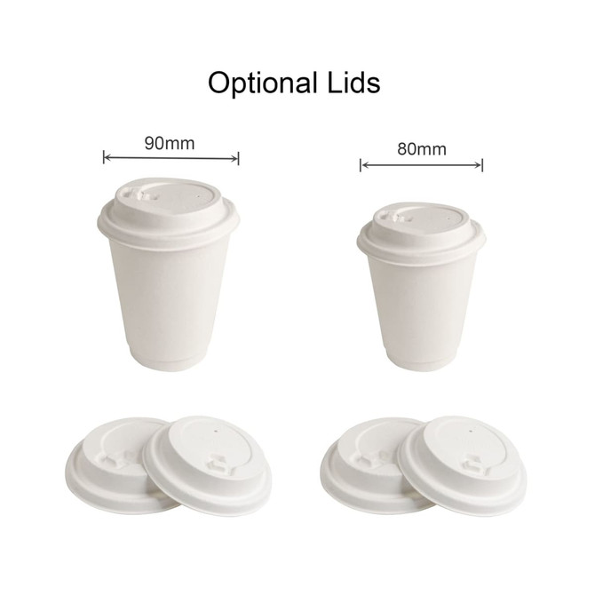 A stack of white, double wall paper cups with matching optional lids, shown from different angles.