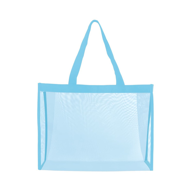 A transparent mesh tote bag in light blue with two shoulder straps and an open design.