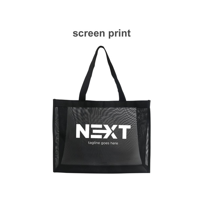 A transparent mesh tote bag in black, featuring a large logo on the front and sturdy straps.