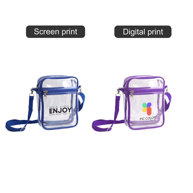A clear tote bag with zipper closure in blue and purple, each featuring a shoulder strap and branding.
