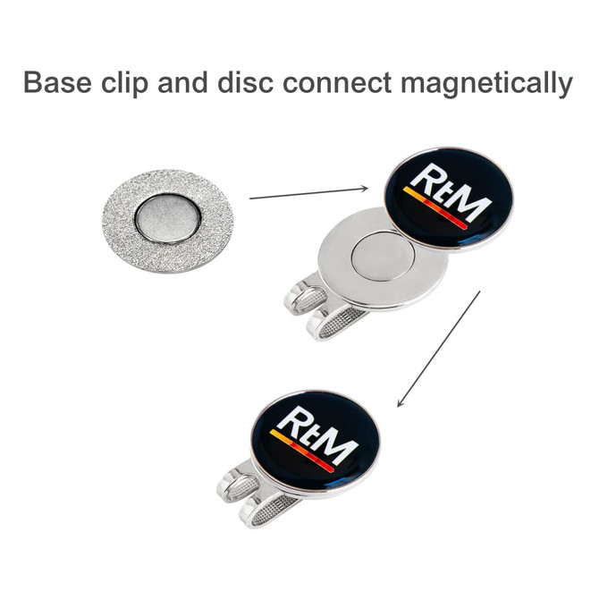 A golf ball marker in black with a base clip that connects magnetically, showcasing a silver finish.