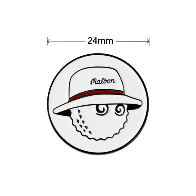 A circular white golf ball marker featuring a cartoonish golf ball character wearing a hat, with a red band.