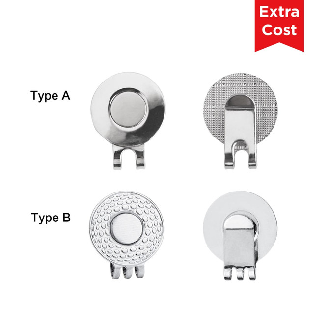 A set of golf ball markers in silver, featuring different textures and styles, including Type A and Type B designs.
