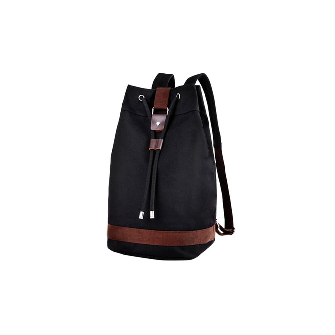 A black canvas bucket backpack with a brown strap and a drawstring closure. It has adjustable shoulder straps and a logo.