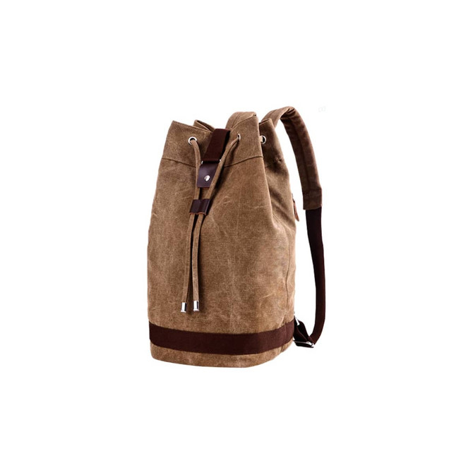 A brown canvas bucket backpack with a drawstring closure and leather accents. It features adjustable straps.