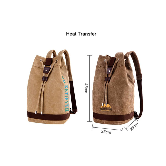 A brown canvas bucket backpack with adjustable straps, featuring a logo and dimensions displayed.