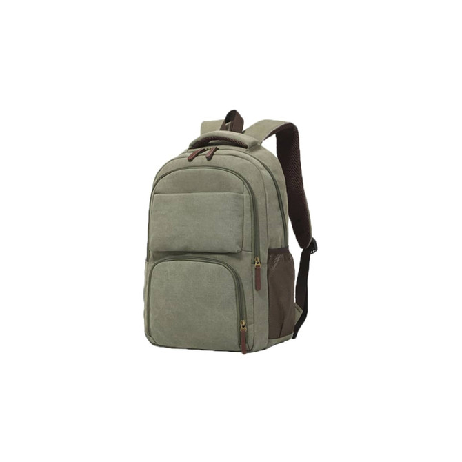 A canvas laptop backpack in olive green with brown accents and multiple compartments. It features padded shoulder straps.