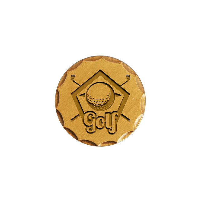A 40mm antique gold golf ball marker featuring a golf ball design and crossed clubs, with a decorative edge.